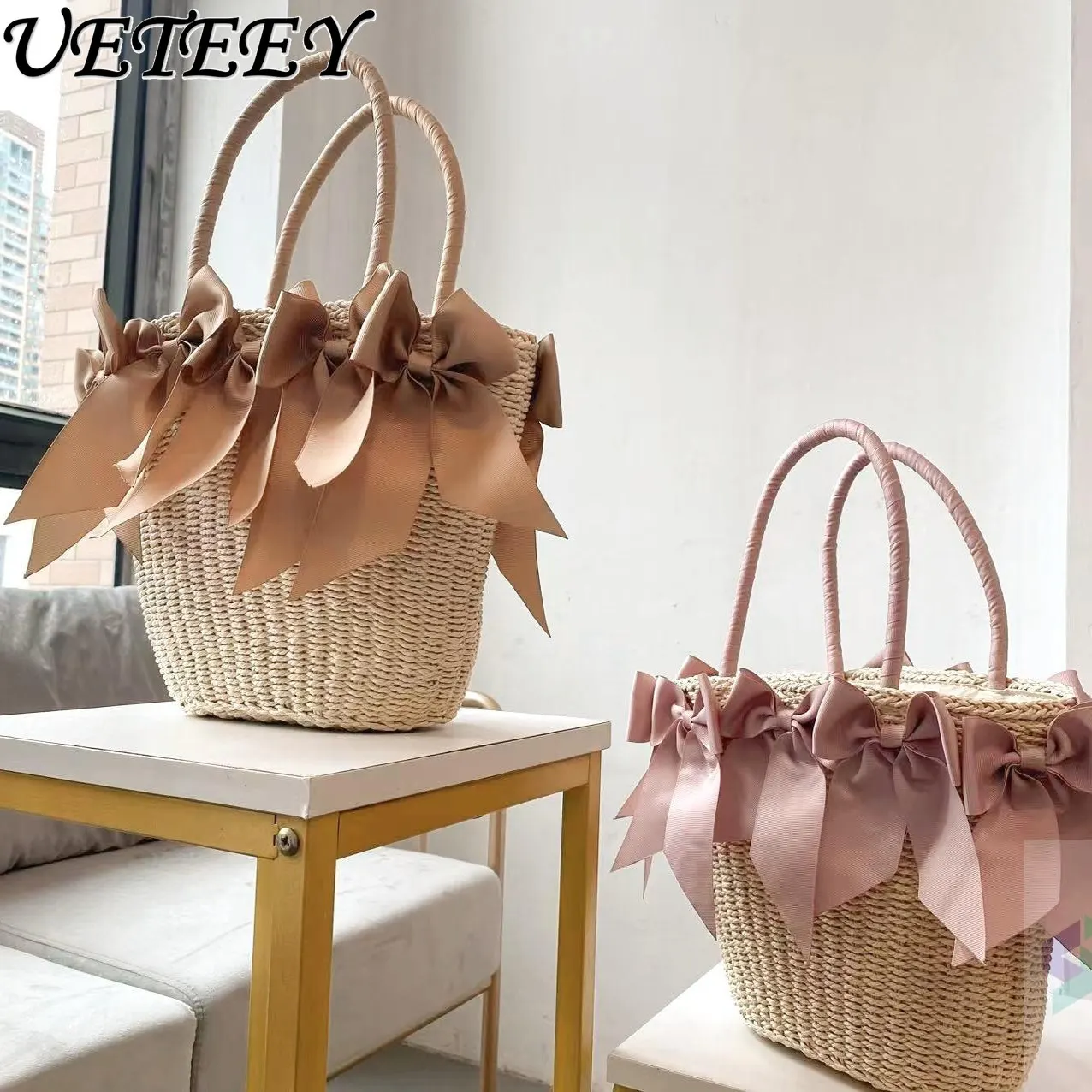

2025 New Spring and Summer Cute Sweet Big Bow Handwoven Bag Women's Bags Versatile Style Retro Portable Basket Bag