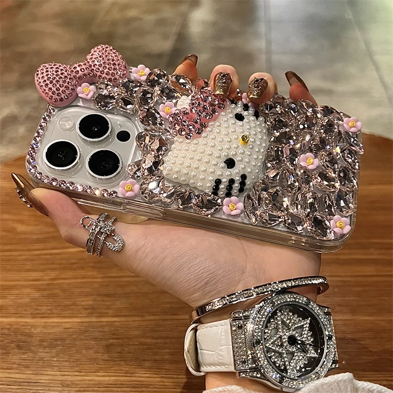 

Full Screen Pink Diamond HelloKitty Suitable for Apple 16promax Phone Case Apple 15 Anti Drop 13 14 12 ProMax Y2k Girl Gift Toys