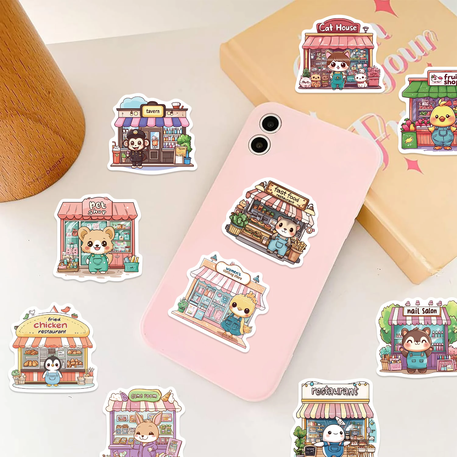 50Pcs Interesting Storefronts and Animals Stickers Waterproof Monkey Panda Rhino PVC Decals for Laptop Notebook Phone Case