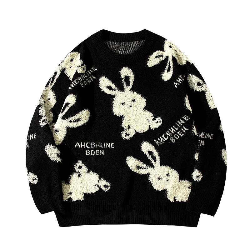 

Мужской вязаный свитер свободного кроя с круглым вырезом и длинными рукавами, повседневная модная верхняя одежда с дизайном кролика, осенний топ в молодежном стиле, придающий энергии.