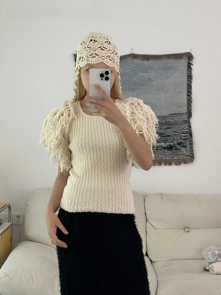 

Вязаный топ с кисточками ручной работы. Женский топ для поездок на работу. Круглый пуловер Ne ort Length Color Crew Ne. Летний пуловер.