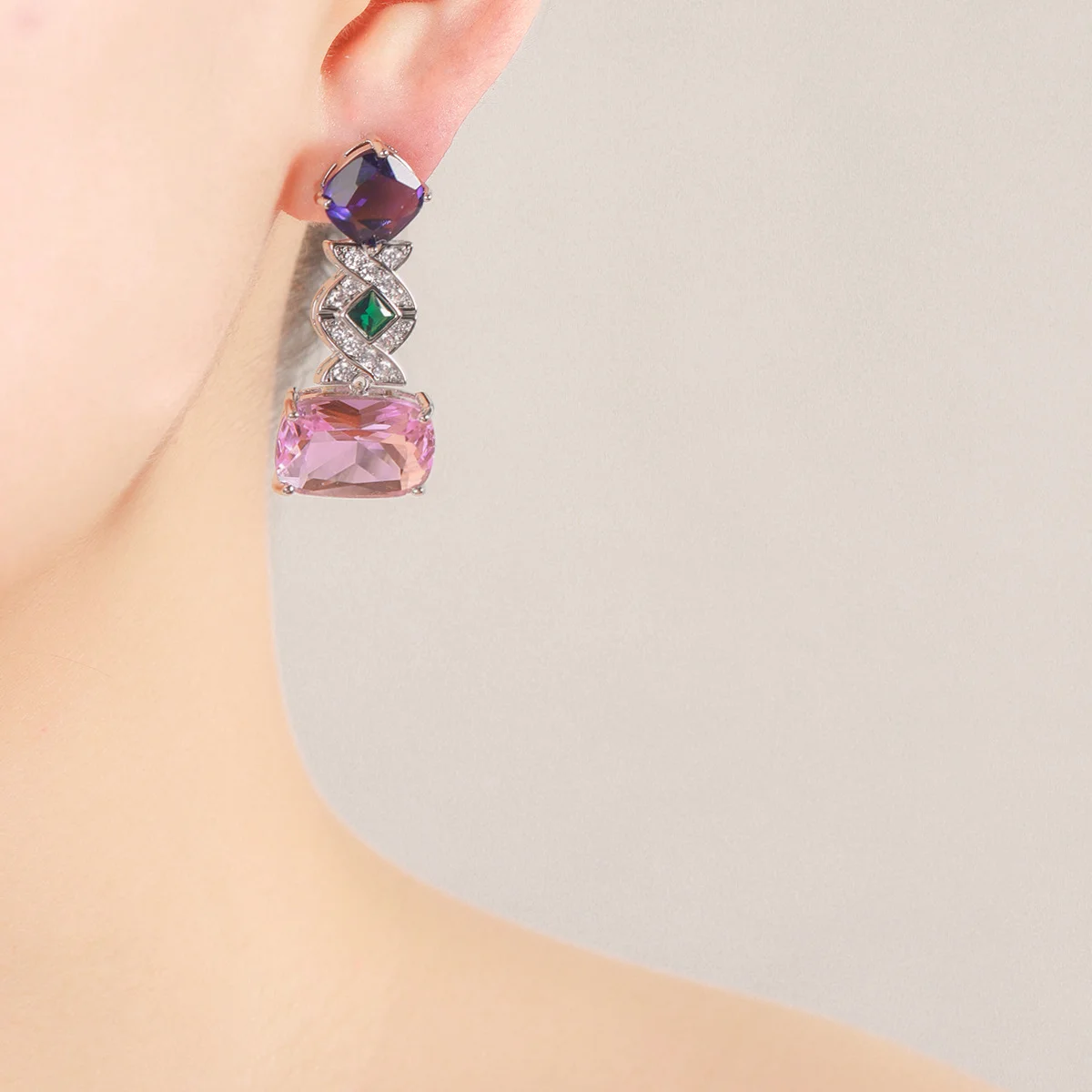 

Silver Tone Multi-Color Gemstone Drop Earrings with Purple, Pink & Green Accents and Paved CZ, Women's Elegant Statement Jewelry