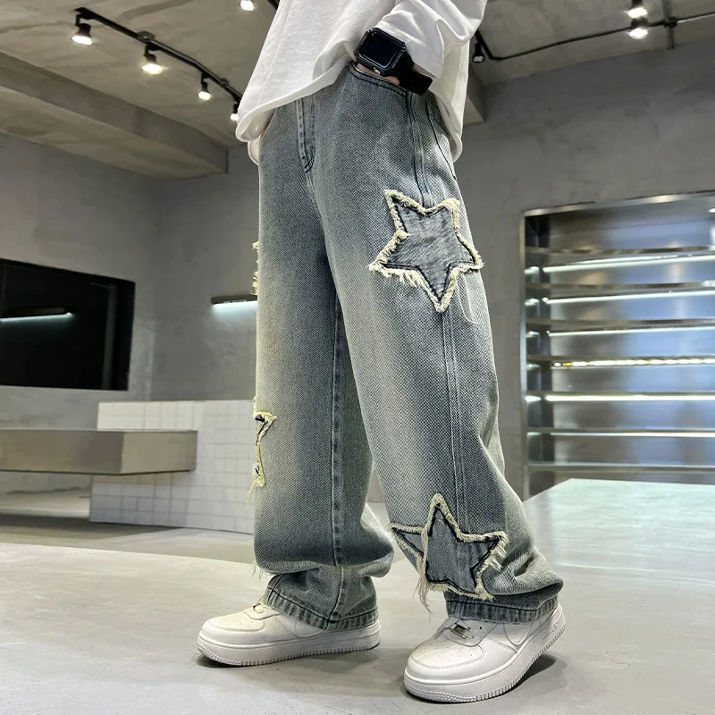 

New 2026 Boys Fashion Star Pattern Jeans Long Trousers Children Vintage Loose Straight Denim Pants Kids Spring Autumn Clothing