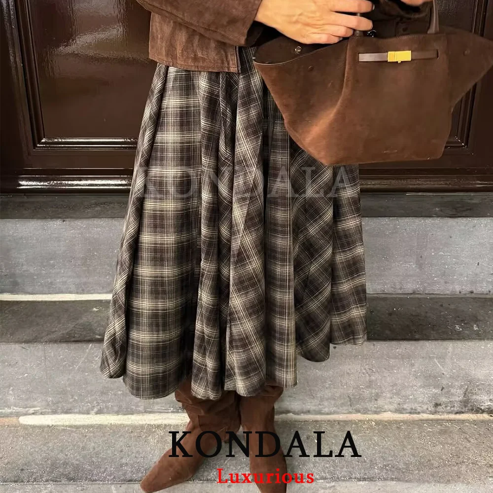 

KONDALA Vintage Plaid Print Long Skirts High Waist Ruffles Office Lady Skirts Fashion 2025 Autumn Chic Party Female Skirts