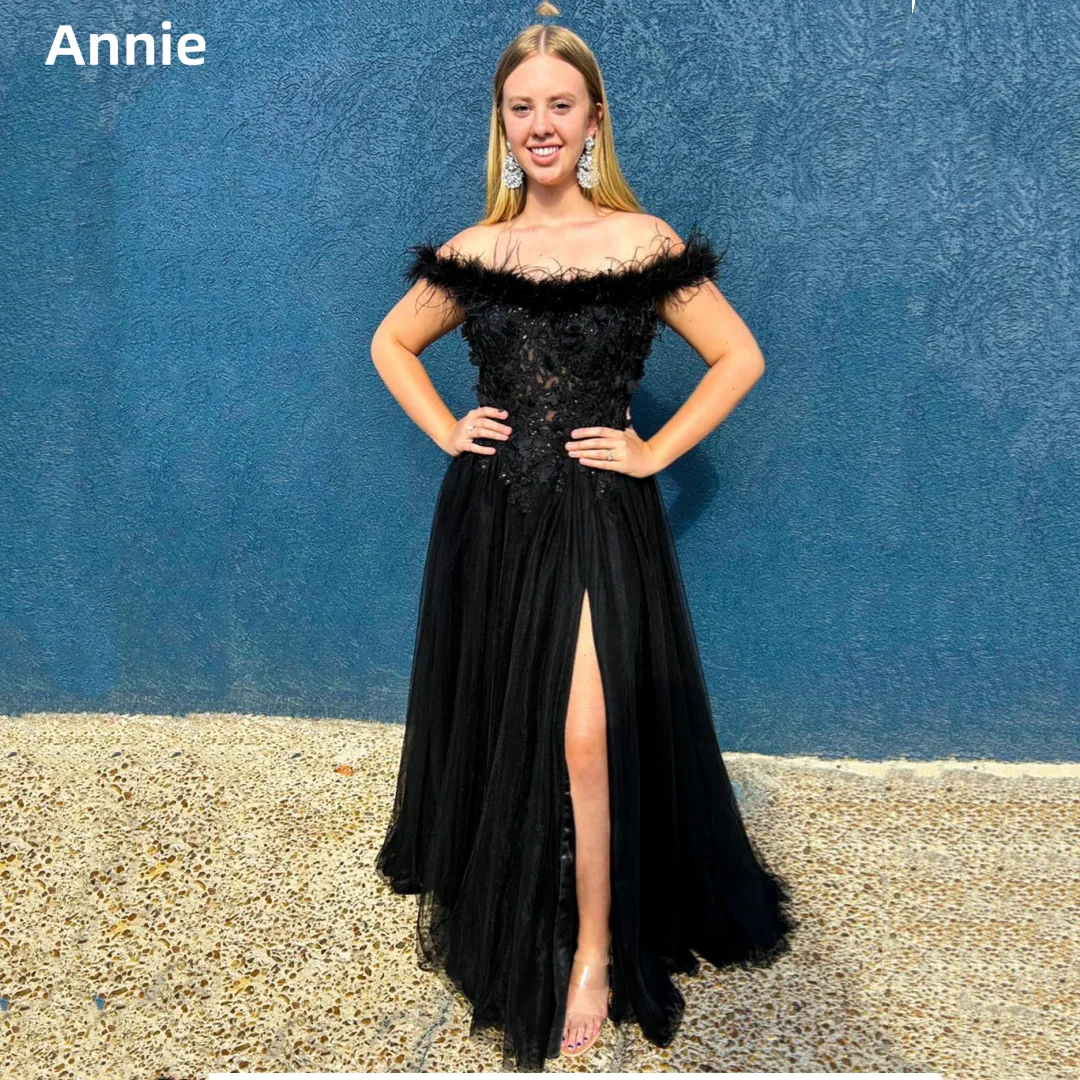 

Annie Black Lace Embroidery Wedding Dress Luxury Feather Lady Prom Dresses A-line Tulle Cocktail Dresses Vestidos De Fiesta