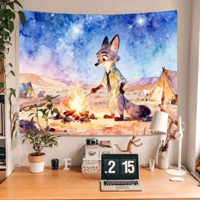 قطعة واحدة من نسيج Zootopia Nick Wilde Fox، ألوان مائية للصحراء والنار المرصعة بالنجوم ليلة جدارية لتزيين غرفة النوم المنزلية الحديثة كهدية.