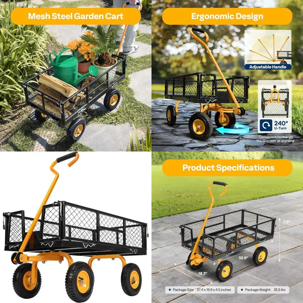 عربة أدوات فولاذية قابلة للطي مع عربة حديقة شبكية بوزن 550 رطلاً، باللون الأسود شديد التحمل