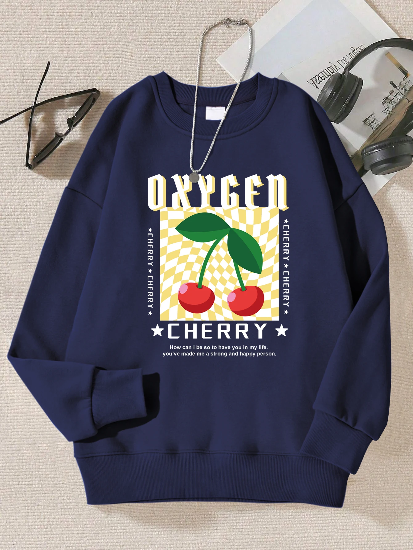 Fresh Cherry Pattern Sweatshirts Woman Warm Fleece Sportswear Casual Crewneck Pullovers Autumn All-Match Unisex Clothing