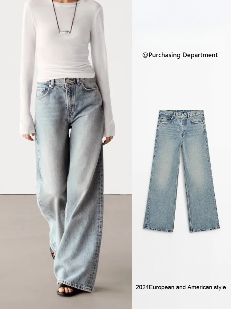 

Новые женские повседневные джинсы с широкими штанинами и эффектом потертости, осень 2024, с естественной линией талии, длинные прямые брюки-трубы на молнии, на все сезоны