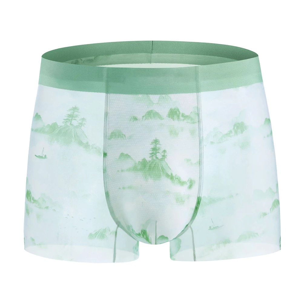 

Мужские бесшовные трусы-боксеры из ультратонкого ледяного шелка с принтом, модные мужские трусы с анатомическим мешочком, нижнее белье