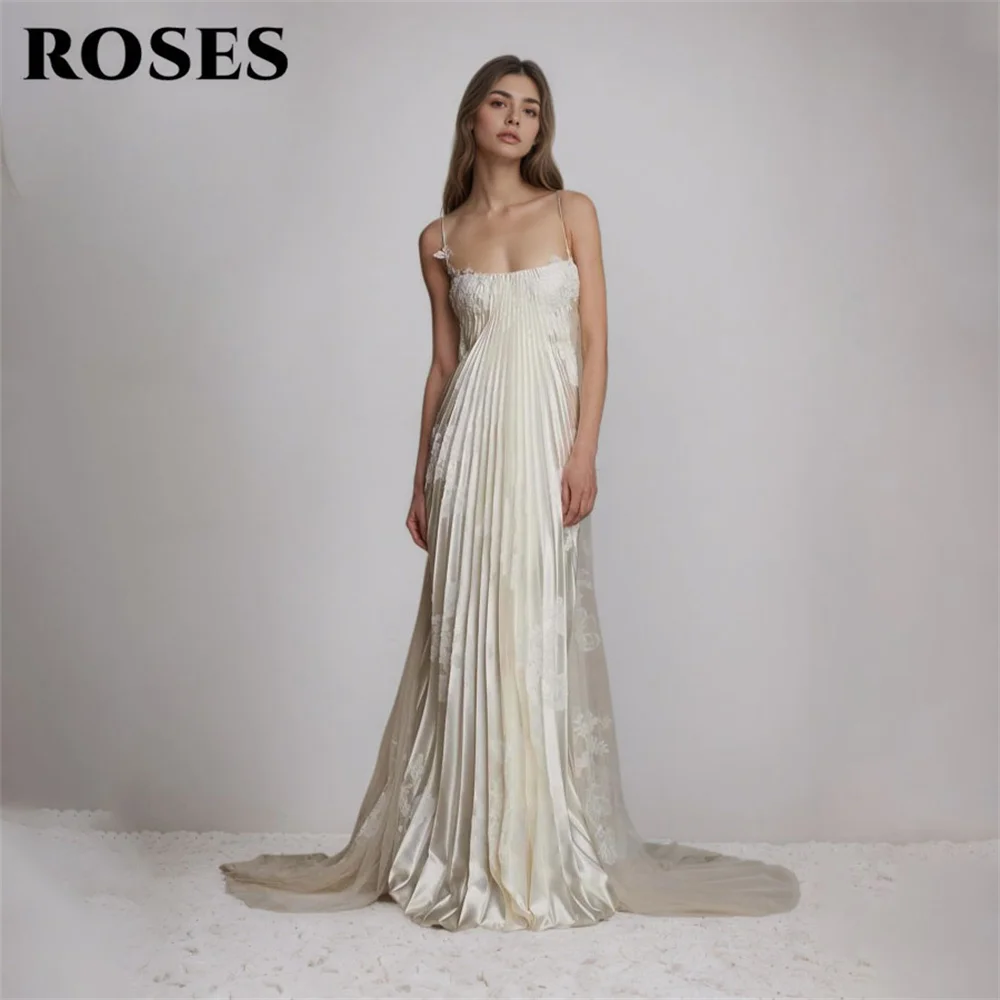 

ROSES Ivory Spaghetti Strap Wedding Gown with Pleated Satin Formal Dress Lace Appliques Simple Prom Gown for Women Customized