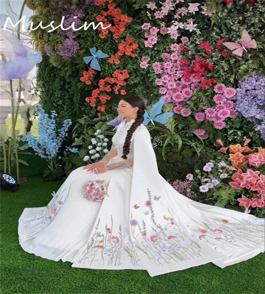 Ingush Malay Boho Embroidery Wedding Dress Elegant Georgian Circassian Long Sleeve Bride Dress Muslimah Paskistani Civil Bridal