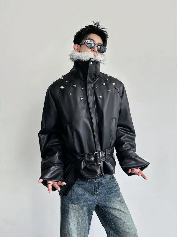 

Мужская куртка из утепленного хлопка с отстегивающимся воротником из меха волка, в стиле байкерской, спортивная, панк, теплая, из полиэфирного волокна