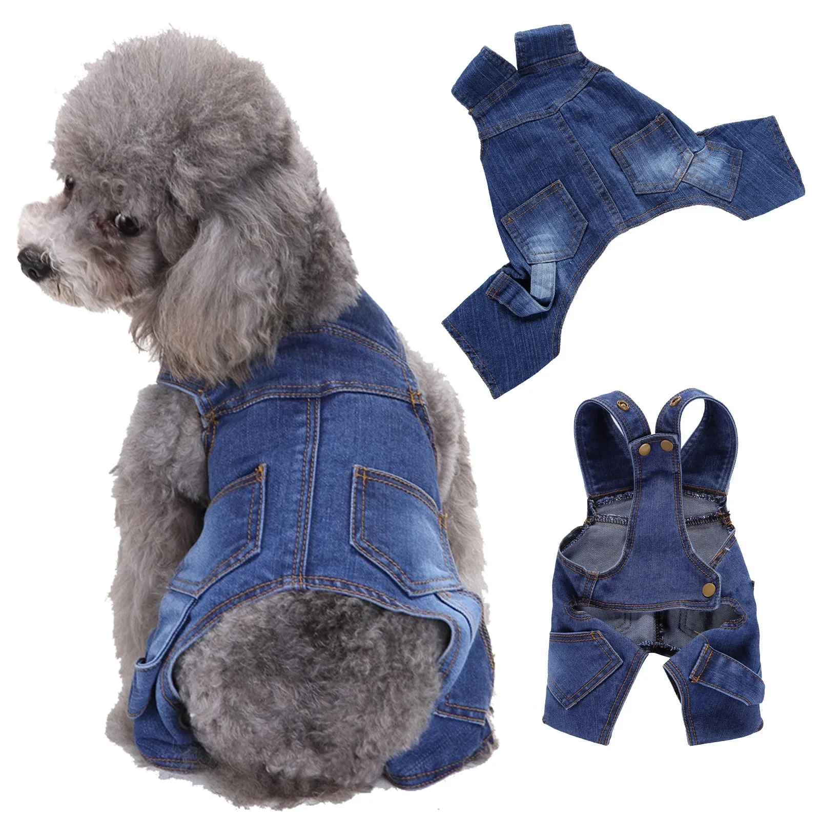 Fashion Pet Denim Overalls Cute Blue Washed Jeans Jumpsuit for Small Dogs  Adjustable Strap 4-Leg Dog Romper Pet Supplies