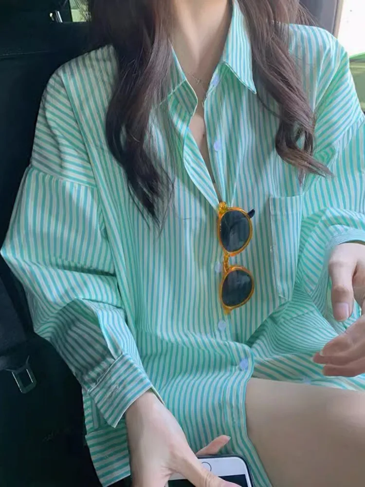 

Весна 2026: Женская зеленая рубашка с длинным рукавом в полоску, тонкая верхняя одежда, кардиган в стиле Lazy Style, солнцезащитный, свободный крой, с воротником