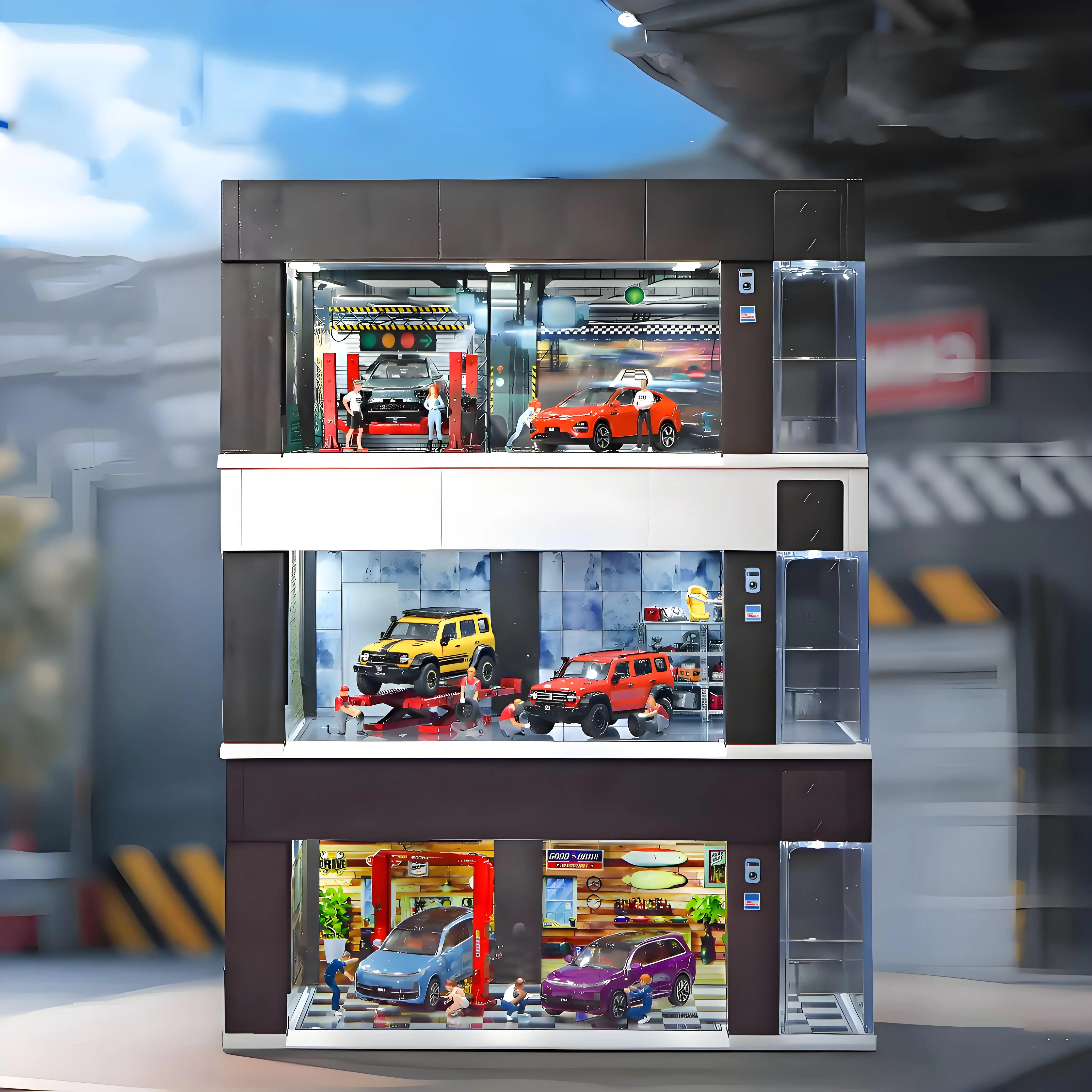 

1/64 Garage Scene Model Simulation Parking Place with Light Voice Control Electronic Door Connected in Series Cars Display Boxes