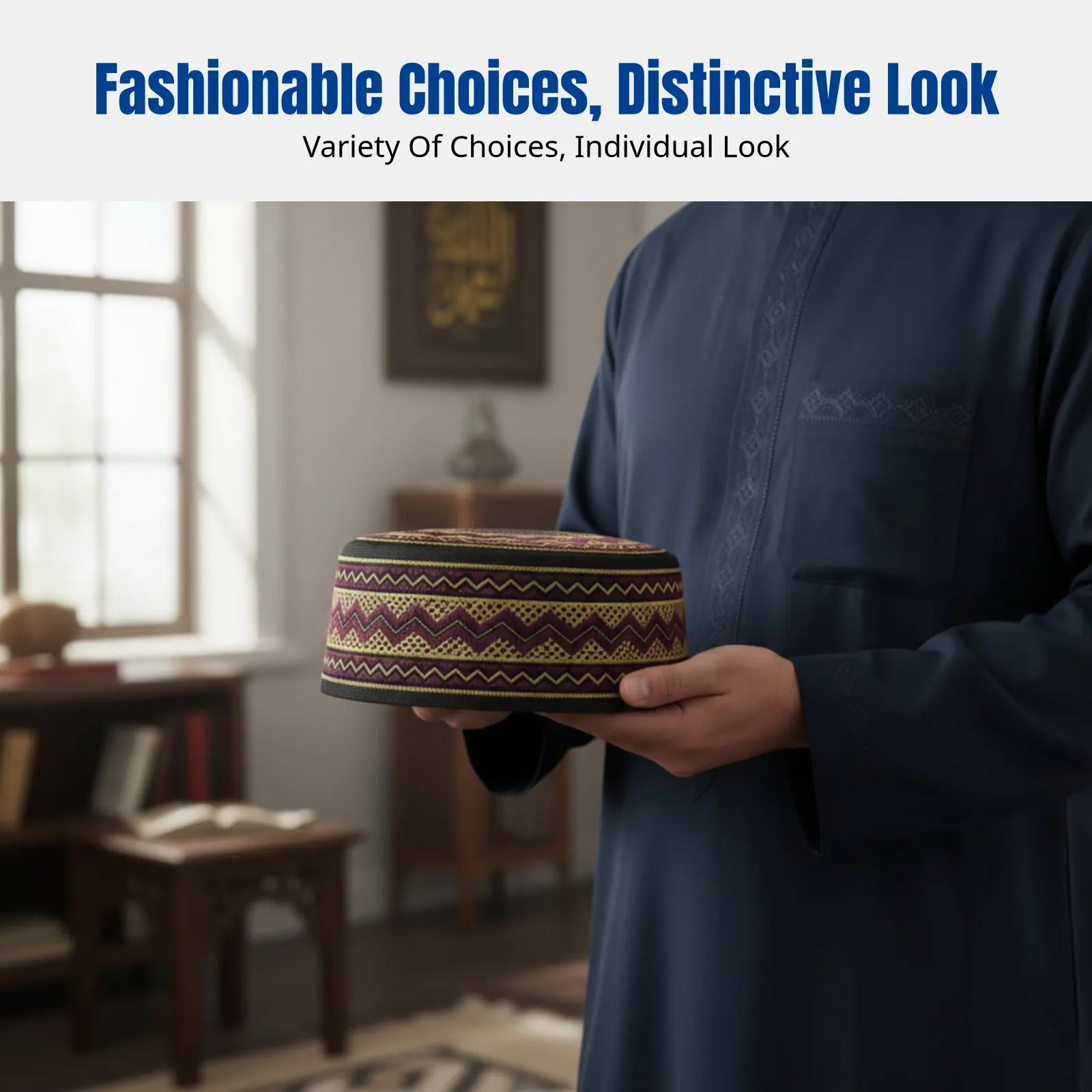 

Muslim Prayer Cap, Embroidered Flat Top, Geometric Pattern, Unisex, Youth, Performance Accessory