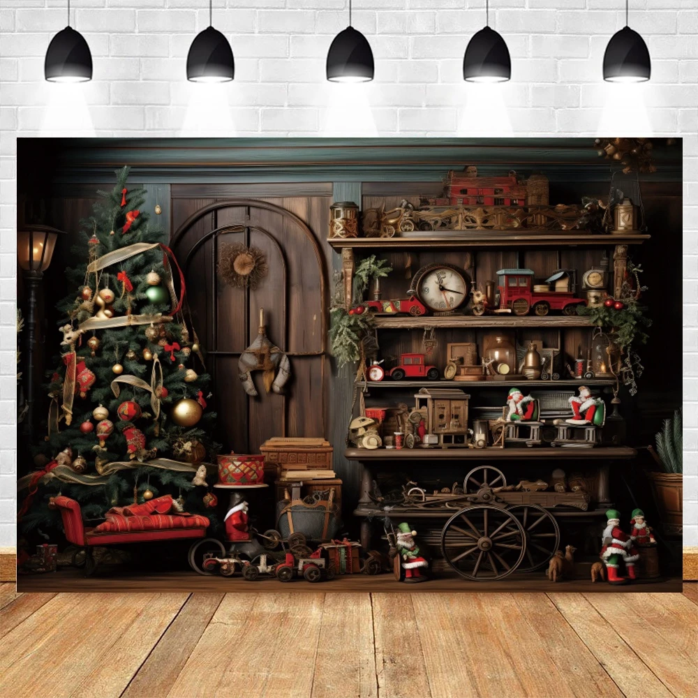 Santa Claus Workshop Backdrop Wooden House Present Wrapping Room Xmas Tree Gifts Photography Background Photocall Photo Studio