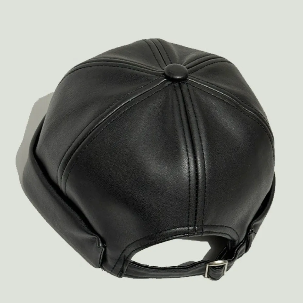 Fashion Leather Brimless Round Landlord Hat Solid Color Retro Melon Skin Hat Adjustable Vintage Trendy Cap Unisex