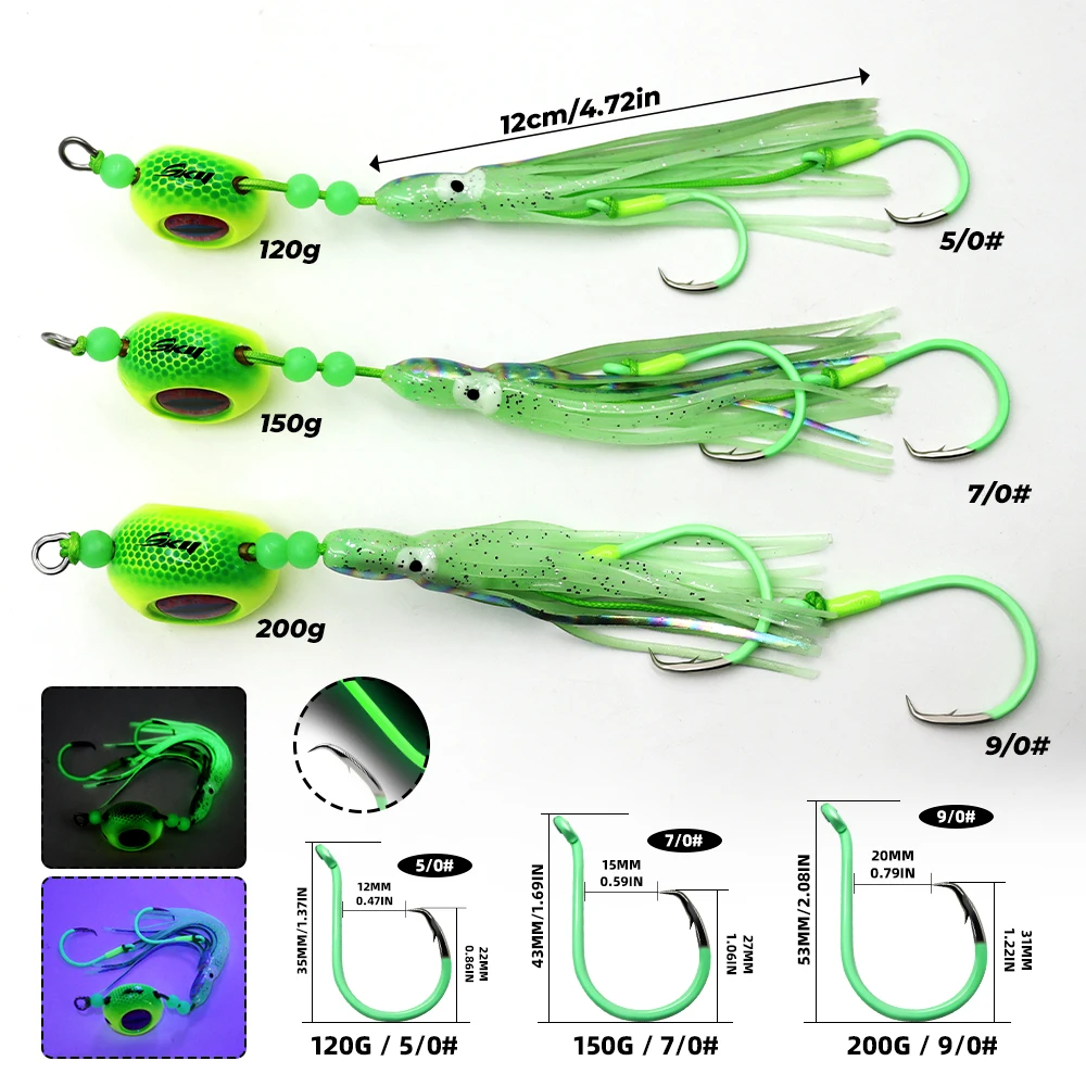 ZYZHE 1 Stück Meeresangel-Hybrid-JIG 120G 150G 200G mit leuchtendem Weichköder, Doppelringhaken, Bootsfischköder, Angelköder – Detail 2