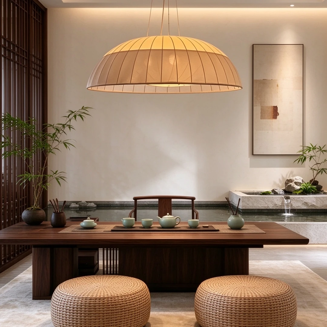 Minimalist Wabi Sabi Pendant Lamp Half Dome Fabric Shade Large Size Ceiling Light For Restaurant Living Room Interior Decor
