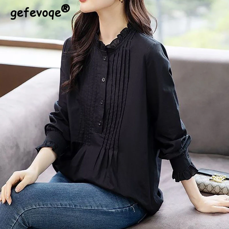 Women Korean Fashion Ruffled Elegant Blouse Spring Autumn Vintage Long Sleeve Shirts Casual Black Tunic Tops Loose Blusas Mujer