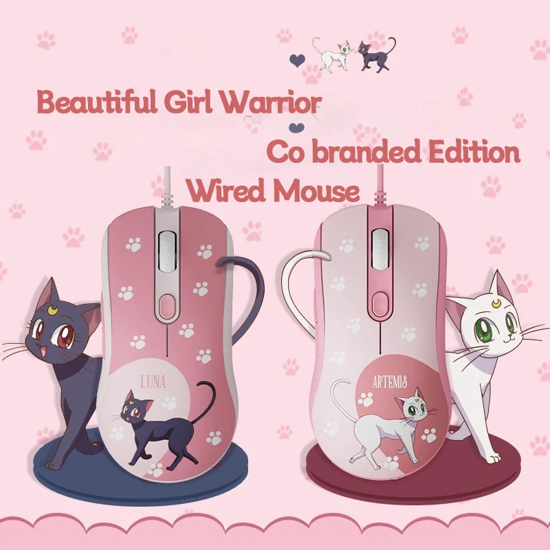 2024 NEW Cable Mouse Beautiful Girl Warrior Esports Game Pink Girl Cute Anime Co branded Cat Mouse For Laptop Tablet Mac iPad