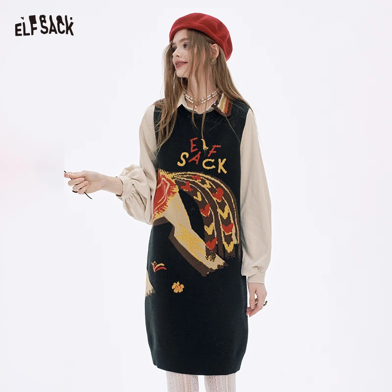 ELFSACK 2025 Zimowe Nowości Y2K Casualowa Sukienka z Kołnierzykiem i Grafiką Doodle, Imitacja Dwuczęściowej Koszuli dla Kobiet