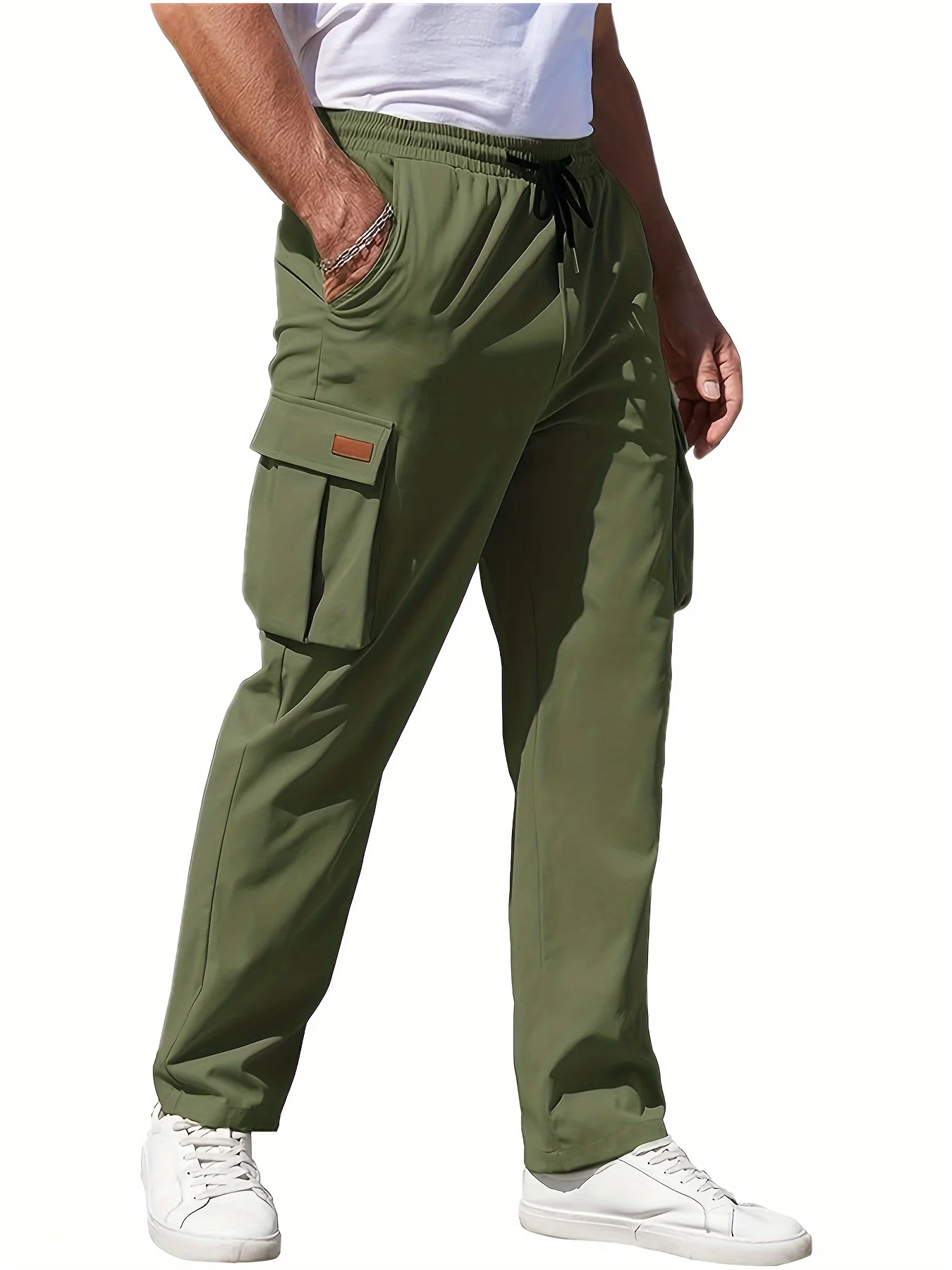 

European men's casual workwear sports pants with drawstring at waist, jogging and hiking, loose waistband and pocket