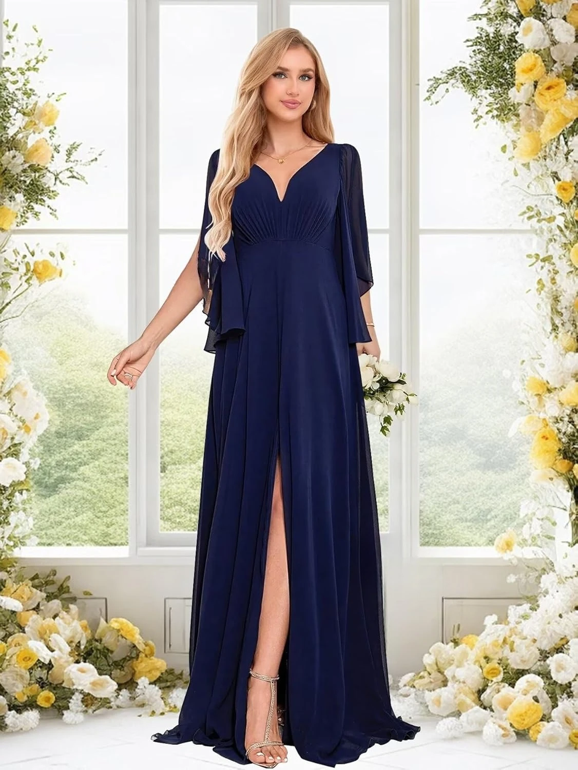 Brautjungfernkleider mit tiefem V-Ausschnitt und Rüschenärmeln, Schlitz, gerüscht, Chiffon, Maxi, formelles Abendkleid, formelles Kleid für Damen, elegant