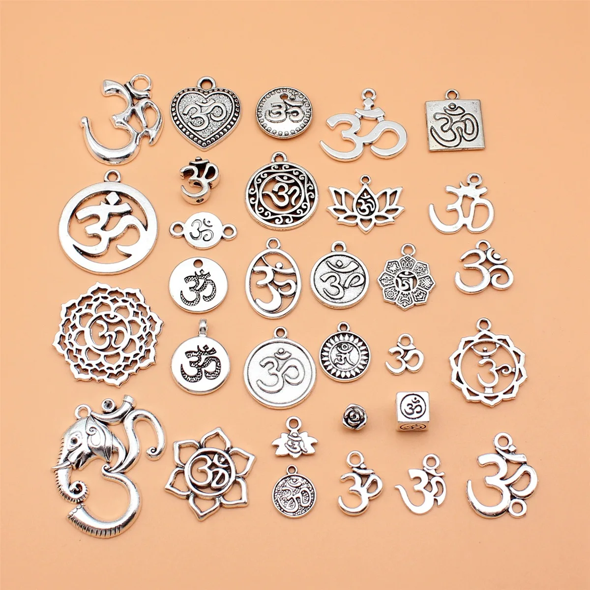 31pcs Antique Silver Color Om Yoga Symbol Charms Collection For DIY Jewelry Making, 31 Styles, 1 of Each