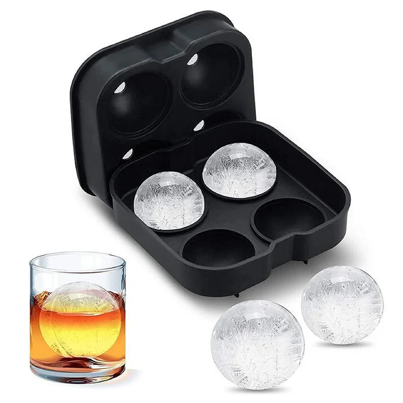 4 Grids Round Ice Cube Trays Silicone Ice Cube Molds for Freezer with Lid Kitchen Bar Reusable Whiskey Ice Mold Ball Ice Moulds