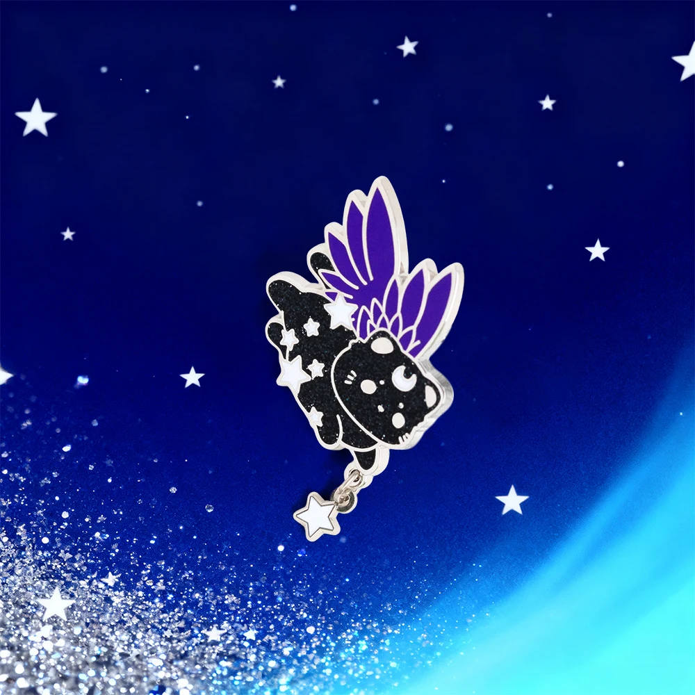 Niedliche Brosche mit geflügeltem Katzenmotiv, Stern-Mond-Cartoon-Tier-Abzeichen, Stern-Anhänger, kreative Emaille-Pin, modisches Kragen-Schmuck-Accessoire, Geschenk – Detail 5