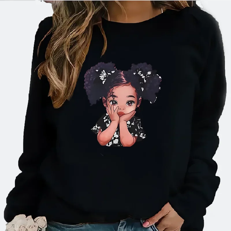 Women Cute Afro Girl Portrait Graphic Crewneck Sweatshirt Black Girl Art Print Casual Loose Long Sleeve Pullover Fashion Top