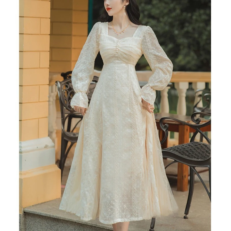 

Early Spring New White Dress 2023 Women's Fairy Embroidery Mesh Spliced High Waist Covering Cross Show Thin Kikyo Dress