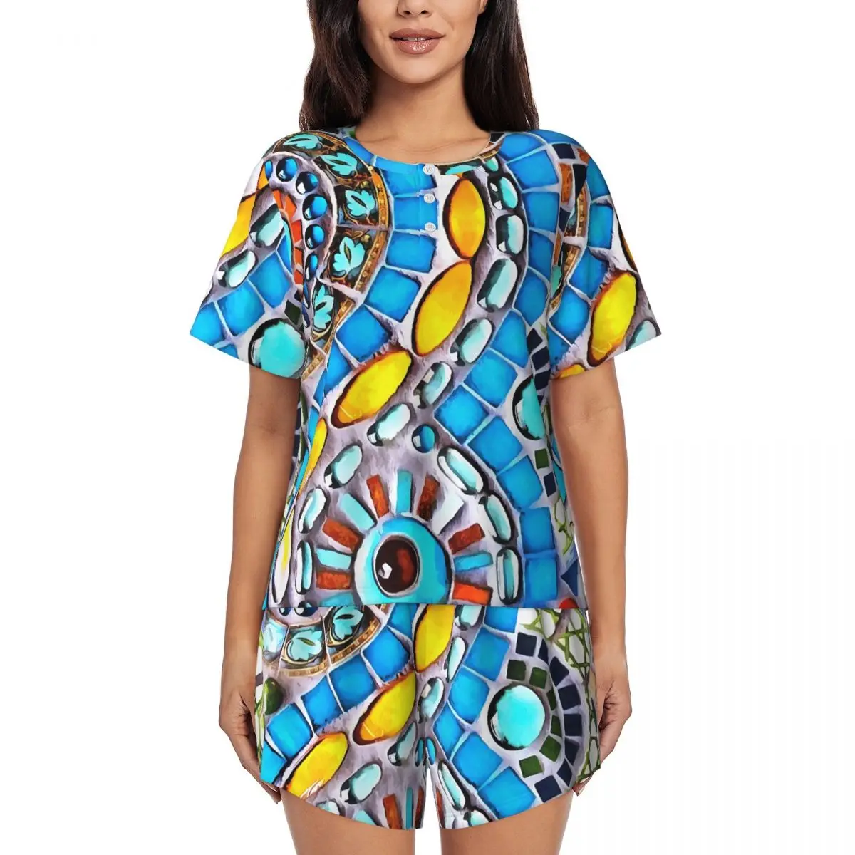 

Gaudi Barselona Mosaic Round Neck Short Sleeves Nightdress for Sleeping Sleepshirts Women Loose Pajama Set Short Pants
