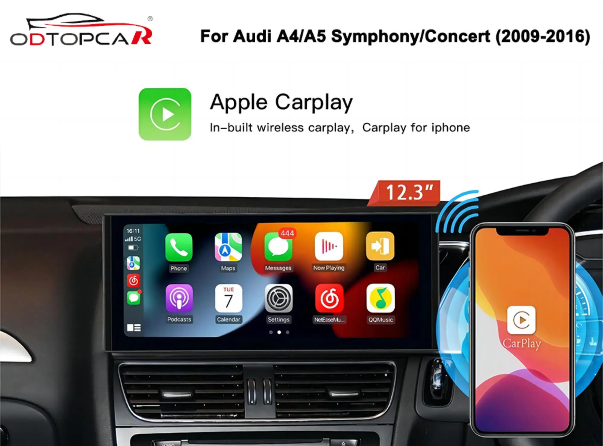 

ODTOPCAR Audi A5 Touch Screen 12.3 inch GPS Navigation Bluetooth Wireless CarPlay Android 13 System YouTube TikTok Games