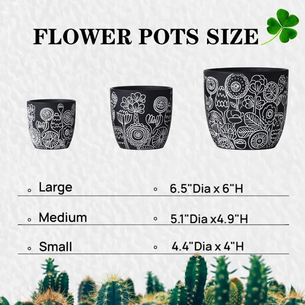 terracotta pots, 6.5+5+4.4 inch plant pots with drainage hole- floral pattern, black boho ceramic planters for indoor plants, fl
