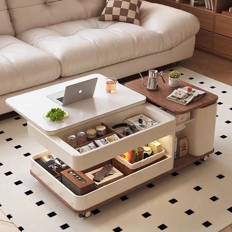 Movable advanced light luxury multi-functional medium and ancient style lifting rock slab coffee table desk