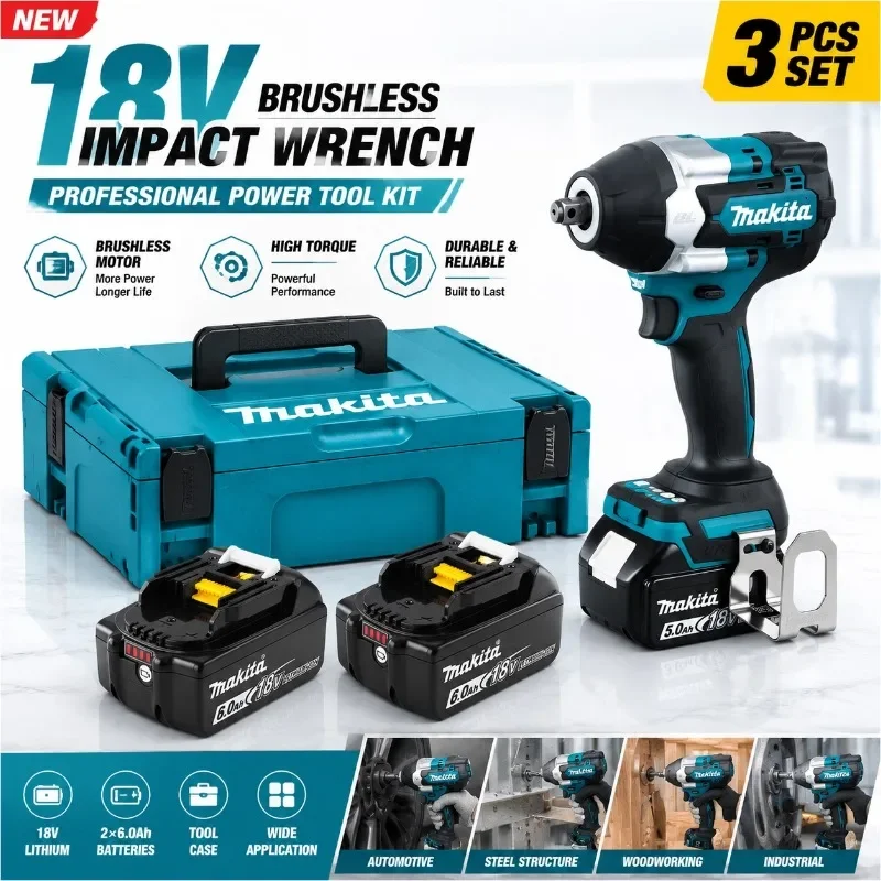 2026 Makita DTW700 Elektrischer Schlagschrauber 1000NM Bürstenloser Motor Kabellos 1/2" Antrieb, Allzweck-Werkzeug für Bau und Automobil, angetrieben durch kompatible 18V Lithium-Batterien