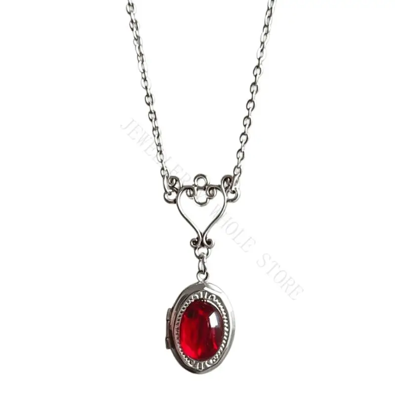 R7UF Layering Pendant Necklace with Ornate Oval Drop and Openwork Detail, Gothic Zinc Alloy Jewelry for Photo Styling