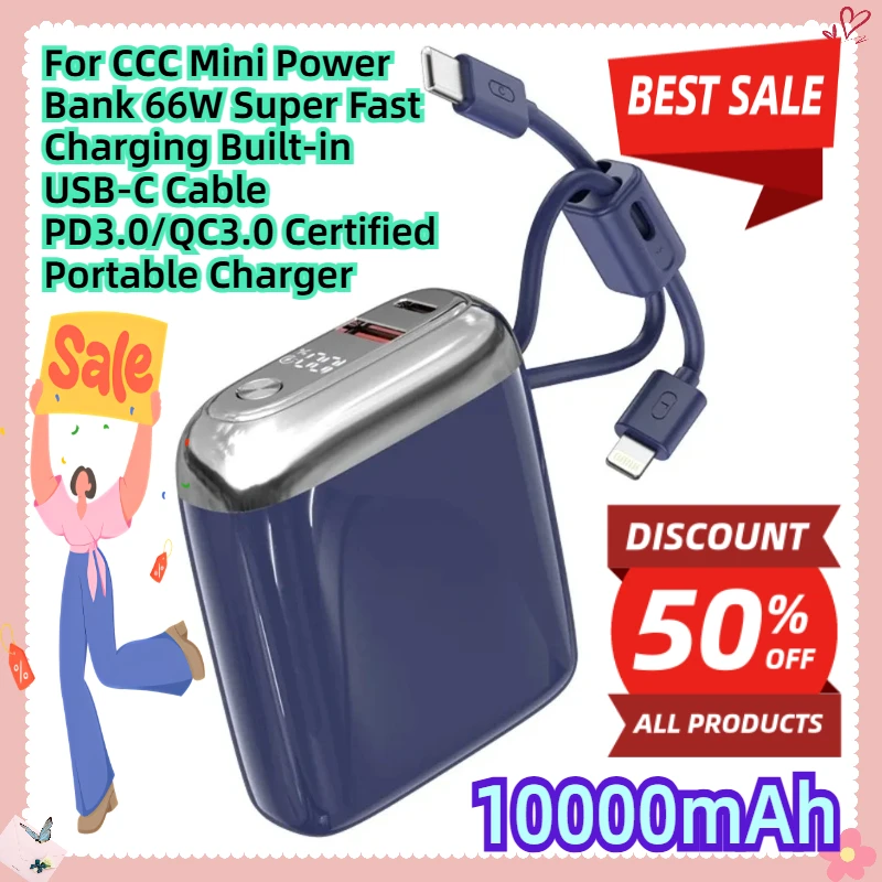 

For CCC 10000mAh Mini Power Bank 66W Super Fast Charging Built-in USB-C Cable PD3.0/QC3.0 Certified Portable Charger
