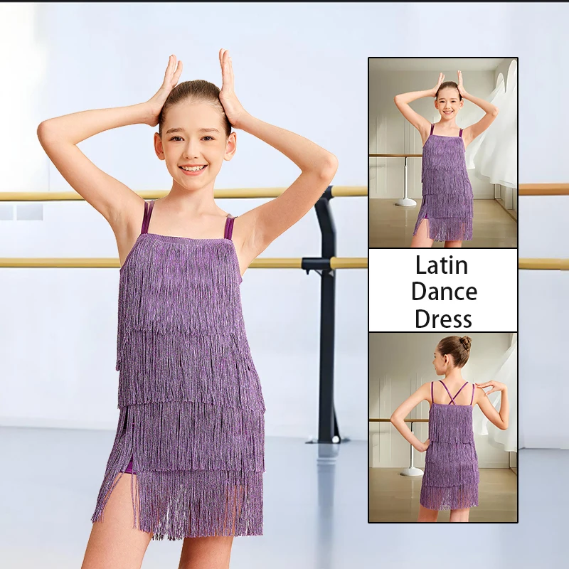 Klassisches Mädchen-Tanzkleid mit Quasten, Glitzer-Pailletten und Fransenrock, Doppelkreuz-Rücken und weichem Futter für Latein- und Jazztanz