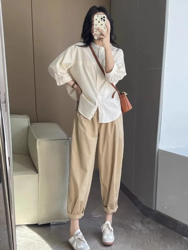 Summer Thin High Waist Wide Leg Casual Pants Women's Nine Points Loose Fit Workwear Style Harem Carrot Pants Harajuku Style