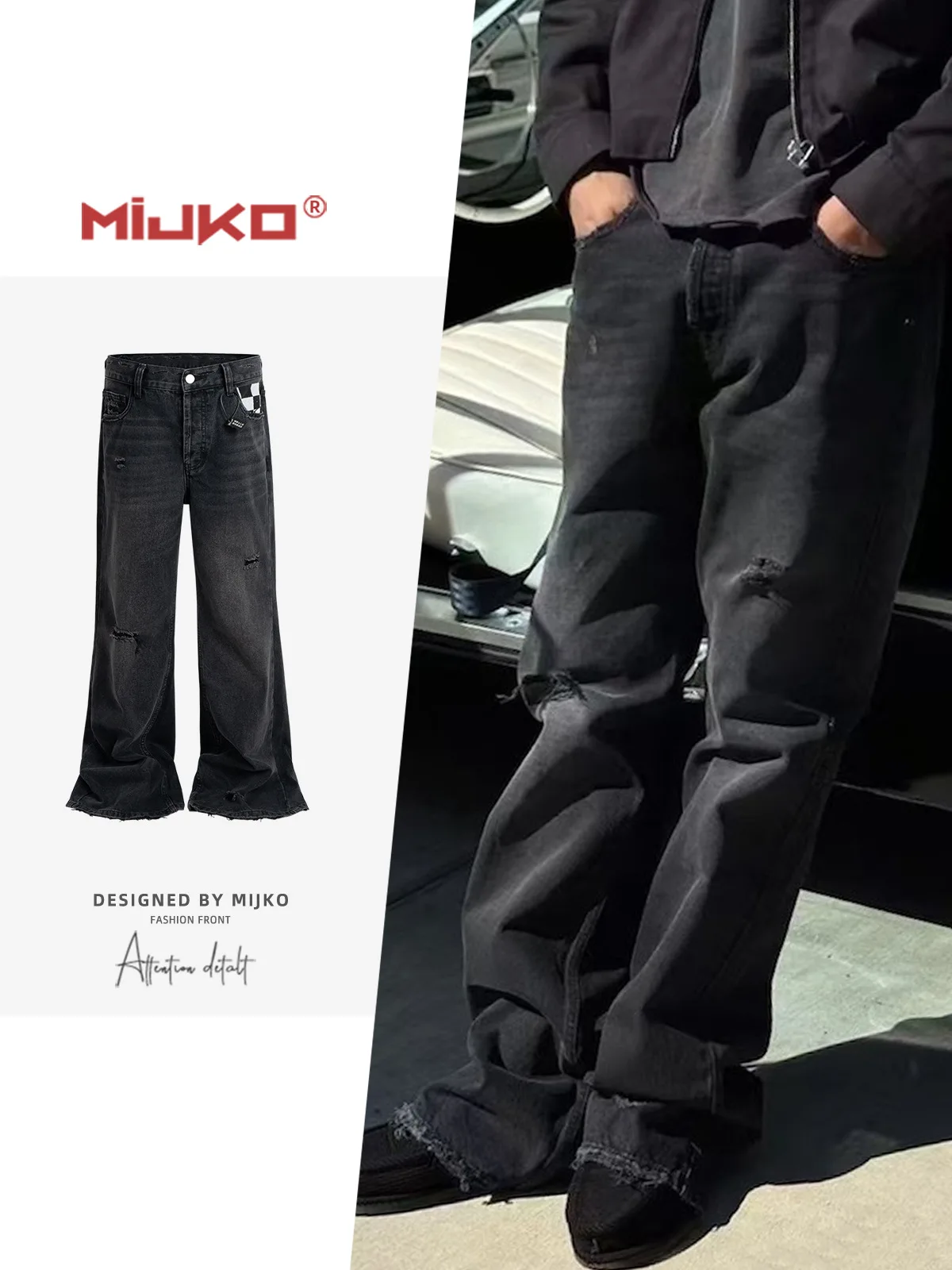 

MIJKO Unisex Ripped Flared Jeans Cat Whisker Hem Trendy Hole Washed Finish Men's And Women's Pants ZJ132