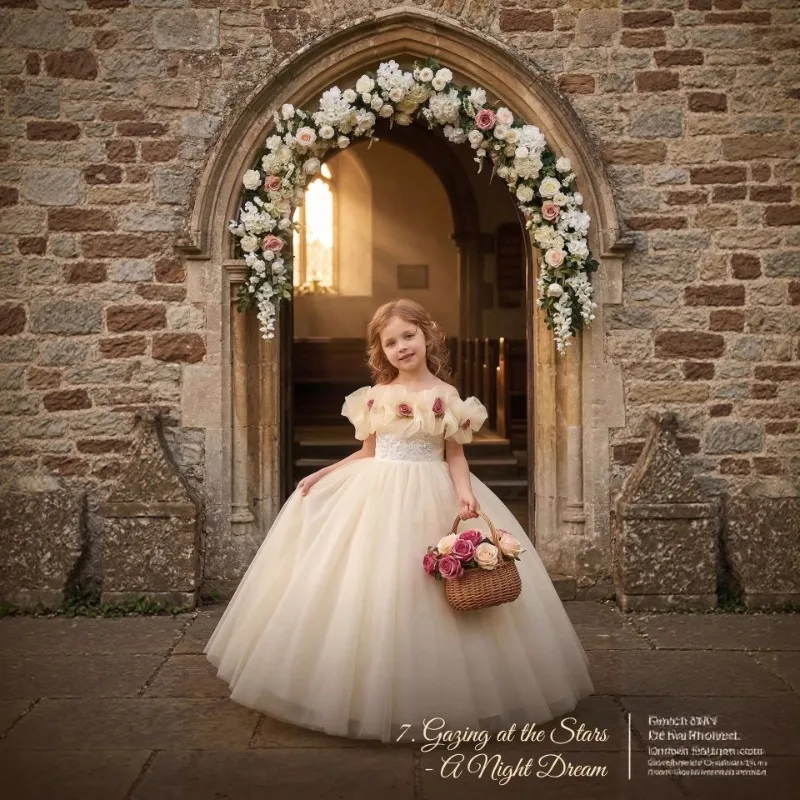 

Элегантное платье цвета шампань для девочек с цветами, детское бальное платье принцессы для свадьбы, дня рождения, вечеринки, первого причастия