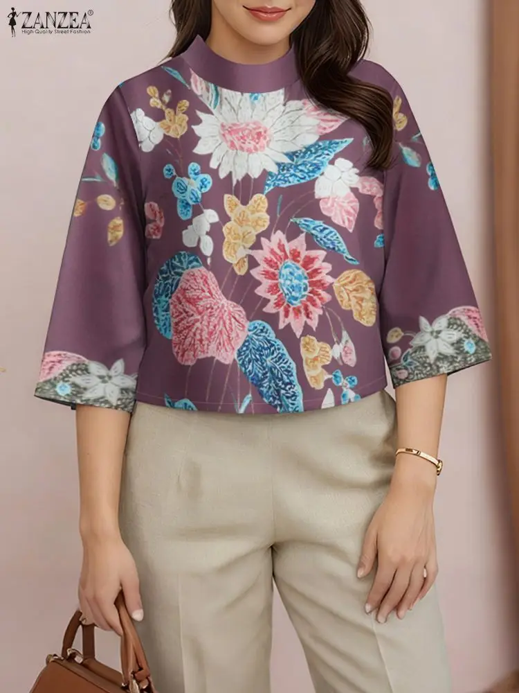 ZANZEA بلوزة بوهيمية مطبوعة بالزهور لخريف 2025 للسيدات بياقة واقفة 3/4 كم قمصان فضفاضة أنيقة تونك علوية كبيرة الحجم Blusa