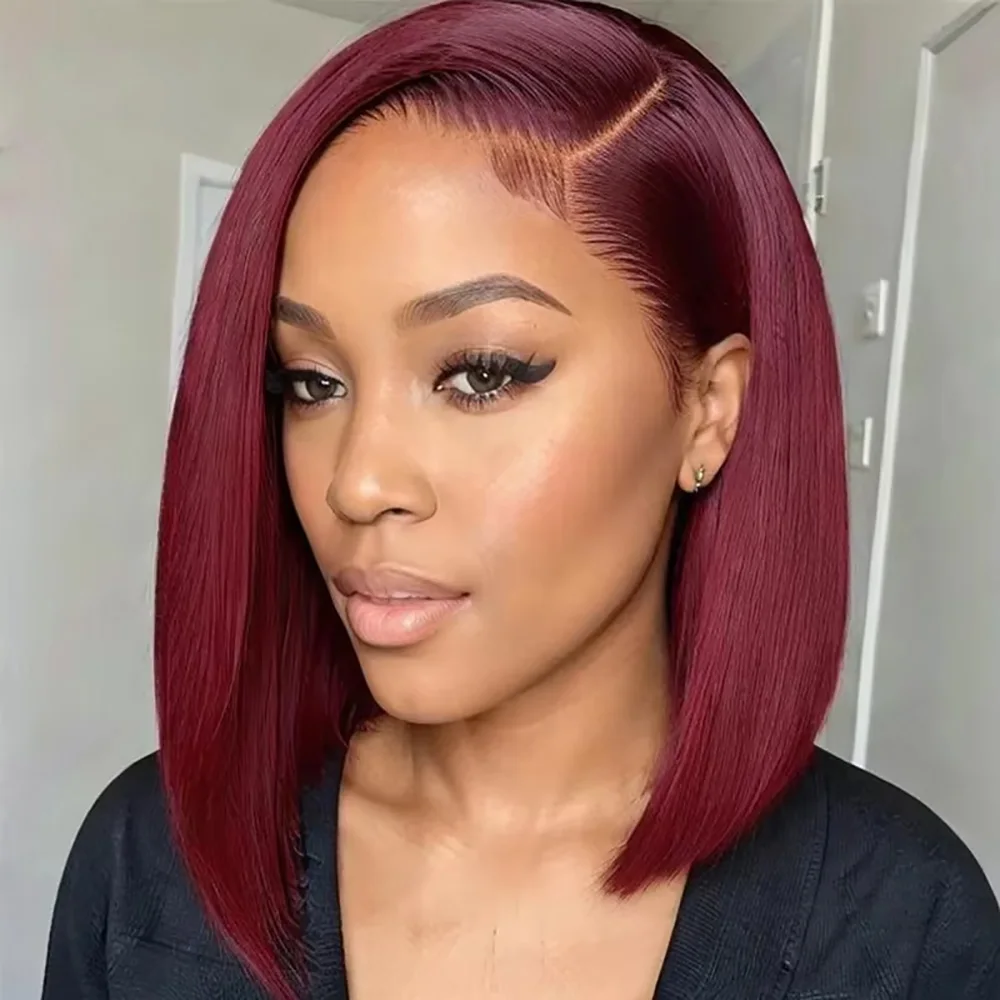 

99J Straight Human Hair Bob Wig 99J Burgundy 13x4 Lace Frontal Human Hair Wig Colored Pre Plucked Straight Short Bob Wig