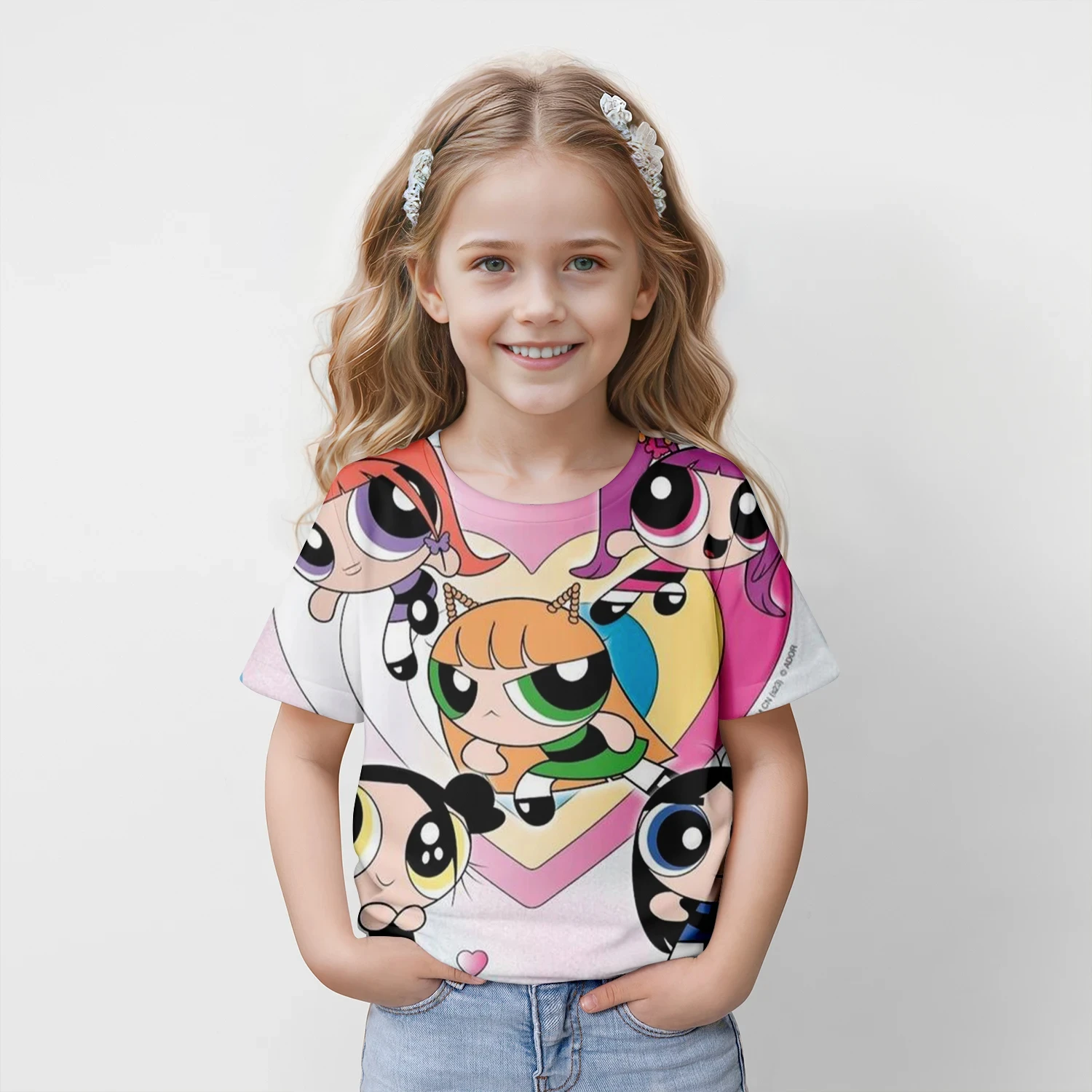 New Arrival 2025 Kids Fashion T-shirt 3D Powerpuff Girls Animation Printed Pattern Round Neck Short Sleeve Breathable T-shirt