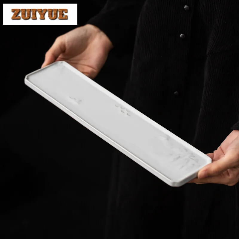 Coarse Pottery White Dry Brewing Tray Household Rectangular Tea Tray Elegant Pot Holder Dishes for Serving Tea Ceremony Crafts